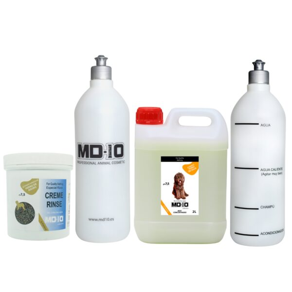 PACK Champú Perro de Agua Español Pelo Marron + Acondicionador + 2 Botellas Mezcladoras